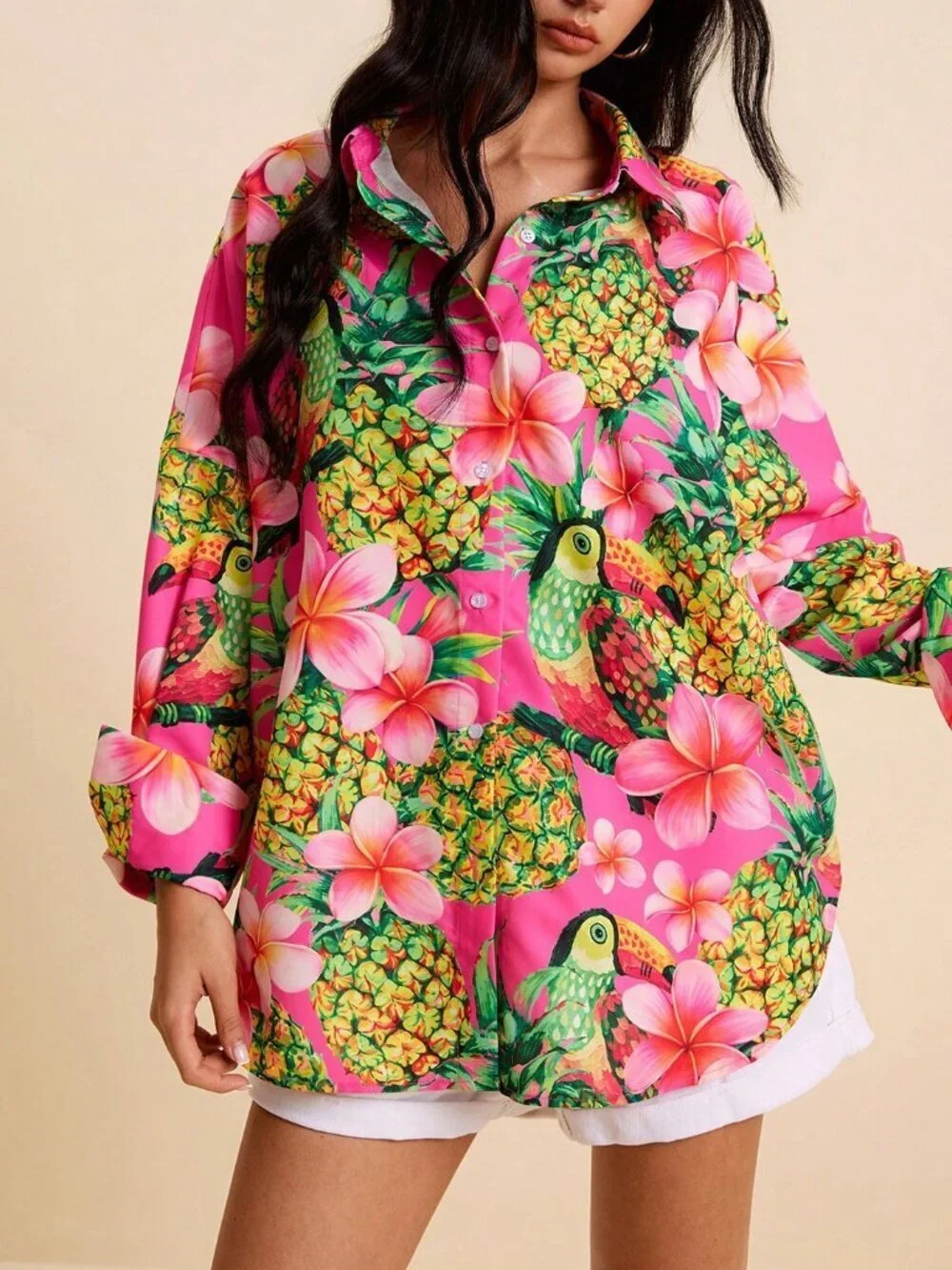 Multicolor Boho Women's Tropical Loose Fit Floral Pineapple Shirt